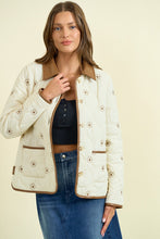 Load image into Gallery viewer, Doe &amp; Rae Floral Embroidered Quilted Puff Jacket with Vegan Leather Details in Ivory/Brown
