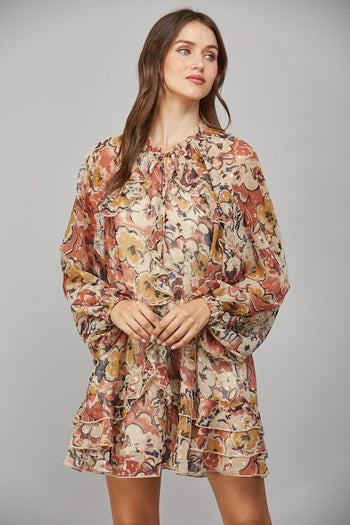 FATE Sheer Luxe Chiffon Floral Print Mini Dress in Beige Combo