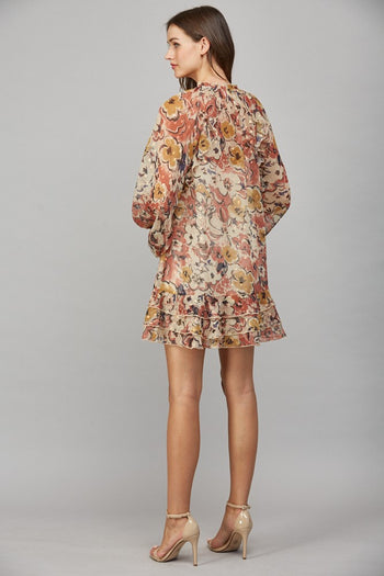 FATE Sheer Luxe Chiffon Floral Print Mini Dress in Beige Combo