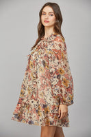 FATE Sheer Luxe Chiffon Floral Print Mini Dress in Beige Combo