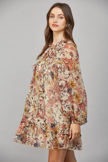 FATE Sheer Luxe Chiffon Floral Print Mini Dress in Beige Combo