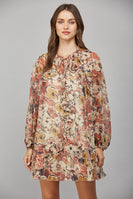 FATE Sheer Luxe Chiffon Floral Print Mini Dress in Beige Combo