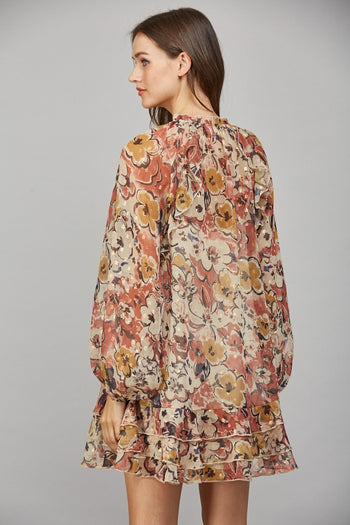FATE Sheer Luxe Chiffon Floral Print Mini Dress in Beige Combo