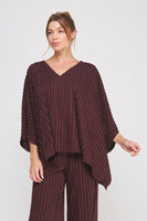 Allie Rose Fuzzy Knit Striped V Neck Poncho Top in Currant