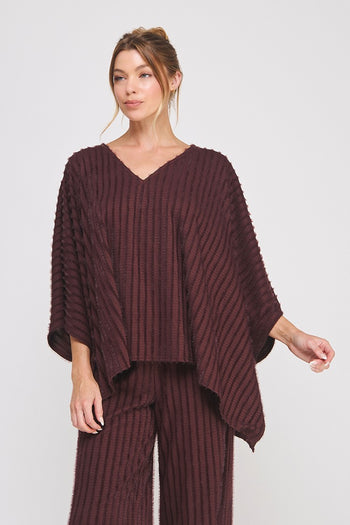 Allie Rose Fuzzy Knit Striped V Neck Poncho Top in Currant