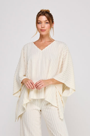 Allie Rose Fuzzy Knit Striped V Neck Poncho Top in Cream