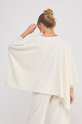 Allie Rose Fuzzy Knit Striped V Neck Poncho Top in Cream