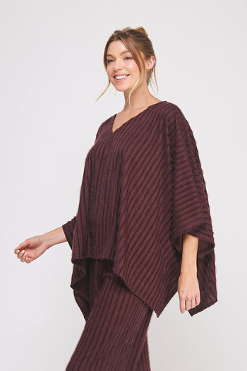 Allie Rose Fuzzy Knit Striped V Neck Poncho Top in Currant