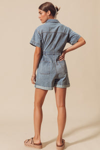 So Me Utility Button Down Romper in Denim