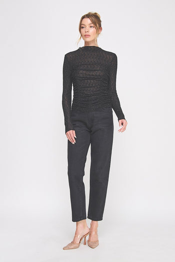 Allie Rose Embellished Lace Ruched Top in Black