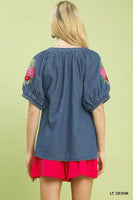 Umgee Denim Embroidered Puff Sleeve Boho Top in Light Denim