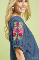 Umgee Denim Embroidered Puff Sleeve Boho Top in Light Denim