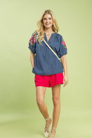 Umgee Denim Embroidered Puff Sleeve Boho Top in Light Denim