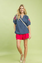 Load image into Gallery viewer, Umgee Denim Embroidered Puff Sleeve Boho Top in Light Denim
