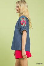 Load image into Gallery viewer, Umgee Denim Embroidered Puff Sleeve Boho Top in Light Denim
