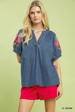 Load image into Gallery viewer, Umgee Denim Embroidered Puff Sleeve Boho Top in Light Denim

