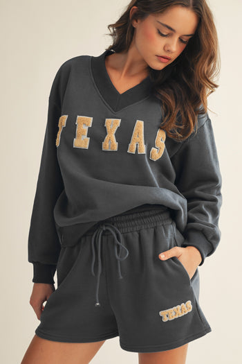 LovLov Texas Patched Soft Sweatshirt And Shorts Set in Charcoal Black