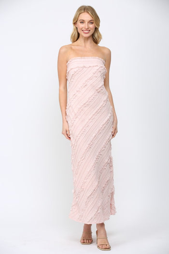 FATE Diagonal Ruffle Detail Strapless Maxi Dress in Dusty Pink