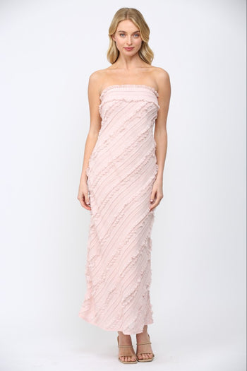 FATE Diagonal Ruffle Detail Strapless Maxi Dress in Dusty Pink