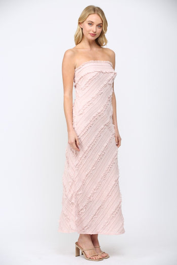 FATE Diagonal Ruffle Detail Strapless Maxi Dress in Dusty Pink