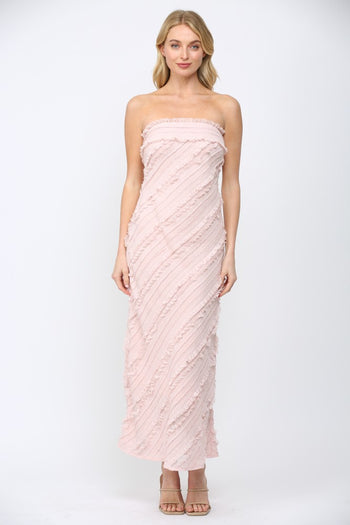 FATE Diagonal Ruffle Detail Strapless Maxi Dress in Dusty Pink