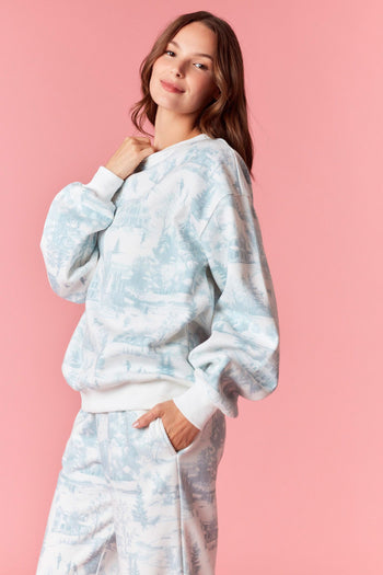 Peach Love Holiday Scenery Printed Terry Knit Sweatshirt in Dusty Blue