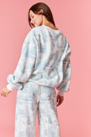 Peach Love Holiday Scenery Printed Terry Knit Sweatshirt in Dusty Blue