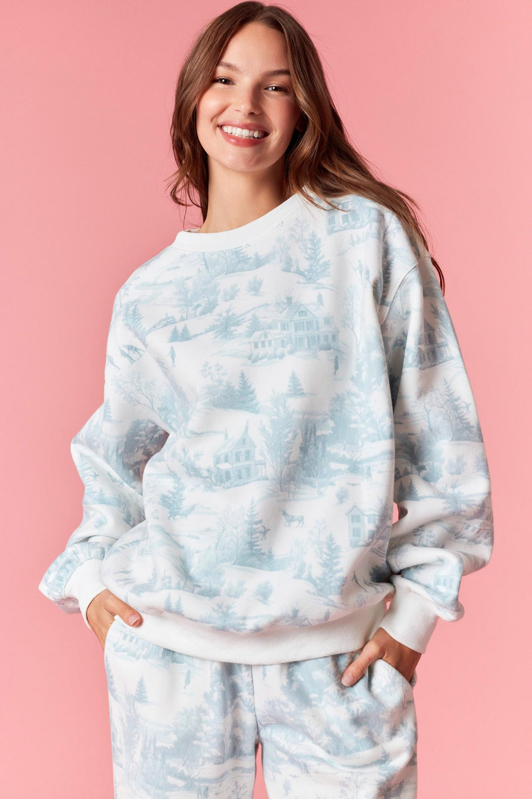 Peach Love Holiday Scenery Printed Terry Knit Sweatshirt in Dusty Blue