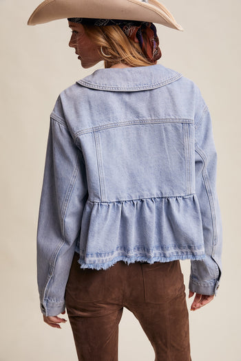 Listicle Peplum Hem Denim Jacket in Cloud Wash
