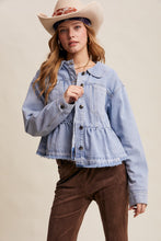 Load image into Gallery viewer, Listicle Peplum Hem Denim Jacket in Cloud Wash
