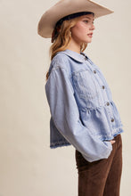 Load image into Gallery viewer, Listicle Peplum Hem Denim Jacket in Cloud Wash

