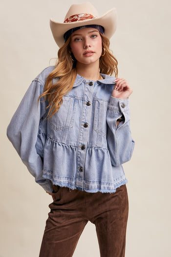 Listicle Peplum Hem Denim Jacket in Cloud Wash