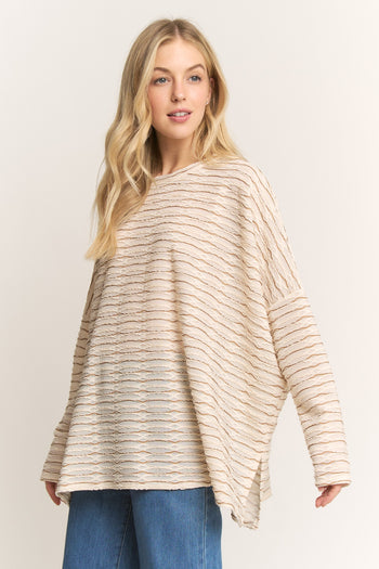 HEIMISH OVERSIZED Textured Lace Striped Top in Cream/Mocha