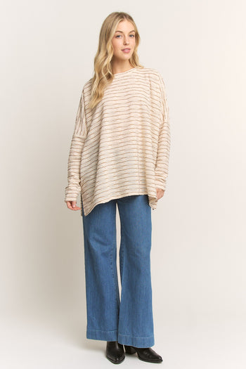 HEIMISH OVERSIZED Textured Lace Striped Top in Cream/Mocha