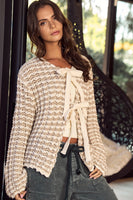LovLov Lattice Charm Cozy Bow Knit Cardigan in Latte