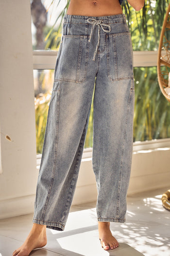 LovLov Washed Denim String Barrel Pants in Denim Blue