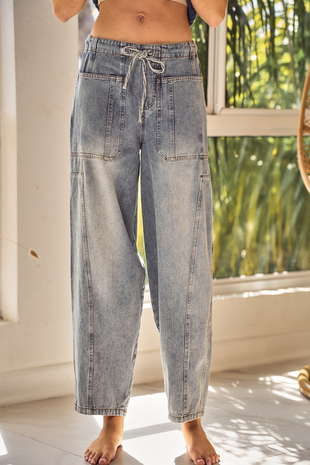 LovLov Washed Denim String Barrel Pants in Denim Blue – June Adel