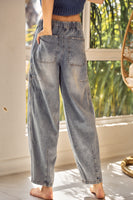 LovLov Washed Denim String Barrel Pants in Denim Blue