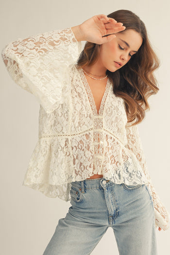 LovLov Romantic Floral Lace V Neck Button Up Ivory