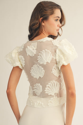 LovLov Romantic Sheer Organza Blouse with 3D Embroidery in Ivory