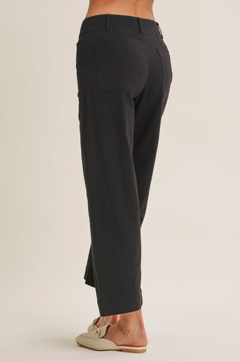 In February Seasonless Cotton Linen Stretch Straight Leg Ankle Pants in Black