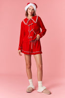 Peach Love Velvet Pajamas with Gingham ruffle Details in Red