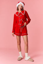 Load image into Gallery viewer, Peach Love Velvet Pajamas with Gingham ruffle Details in Red
