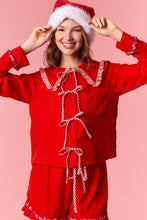 Load image into Gallery viewer, Peach Love Velvet Pajamas with Gingham ruffle Details in Red
