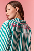 Peach Love Merry & Bright Embroidered Striped Pajamas with Velvet Details in Kelly Green/Pink