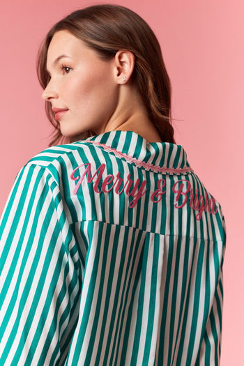 Peach Love Merry & Bright Embroidered Striped Pajamas with Velvet Details in Kelly Green/Pink