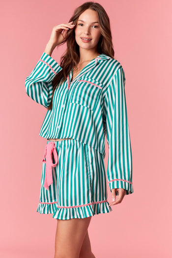 Peach Love Merry & Bright Embroidered Striped Pajamas with Velvet Details in Kelly Green/Pink