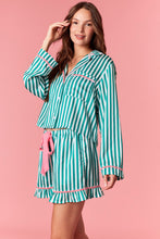 Load image into Gallery viewer, Peach Love Merry &amp; Bright Embroidered Striped Pajamas with Velvet Details in Kelly Green/Pink

