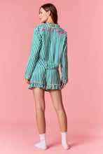 Load image into Gallery viewer, Peach Love Merry &amp; Bright Embroidered Striped Pajamas with Velvet Details in Kelly Green/Pink
