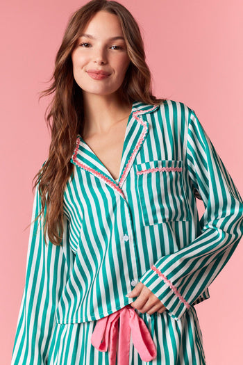 Peach Love Merry & Bright Embroidered Striped Pajamas with Velvet Details in Kelly Green/Pink